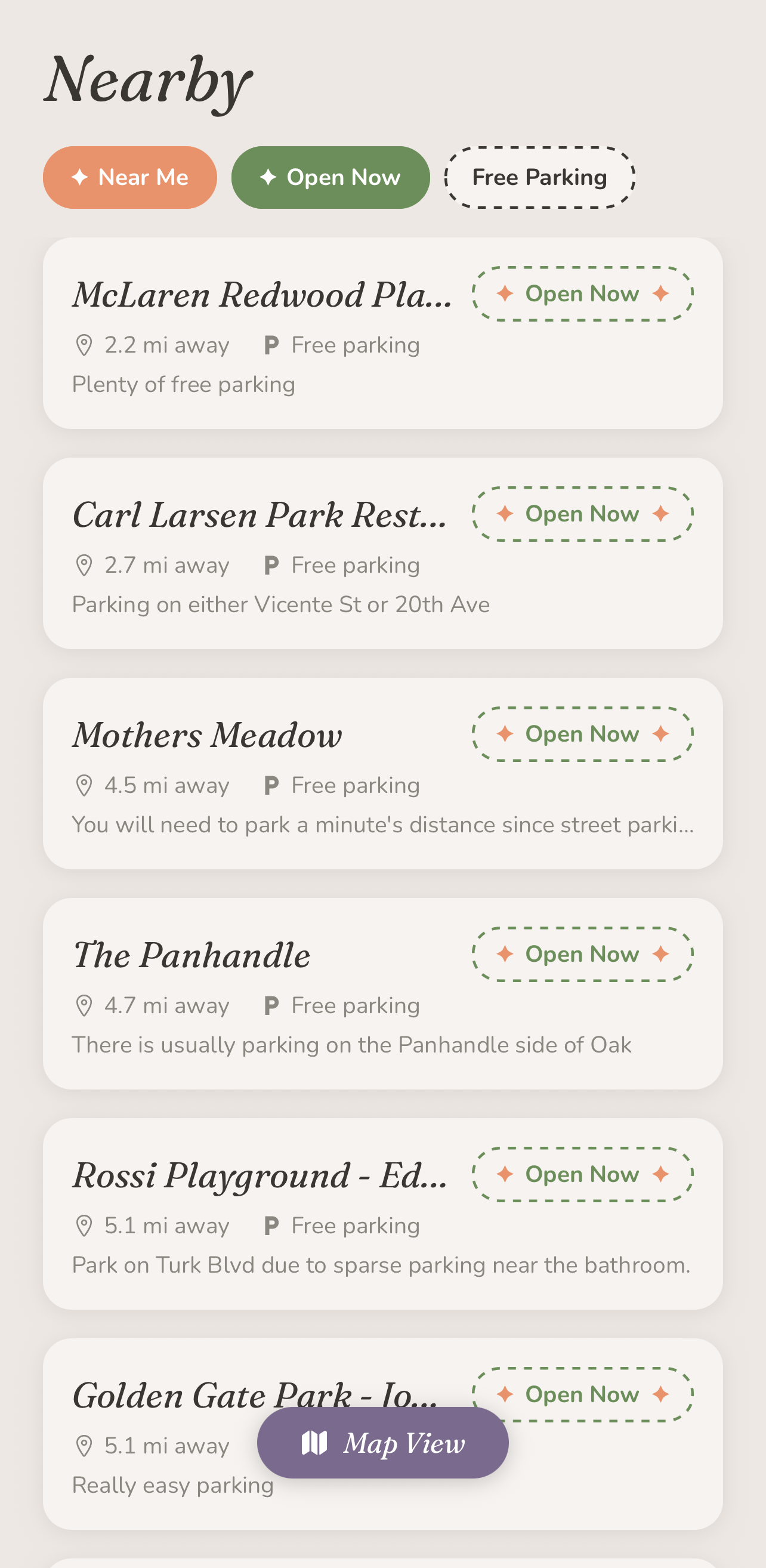 Nearby verified stops with distance, free parking and open-now status