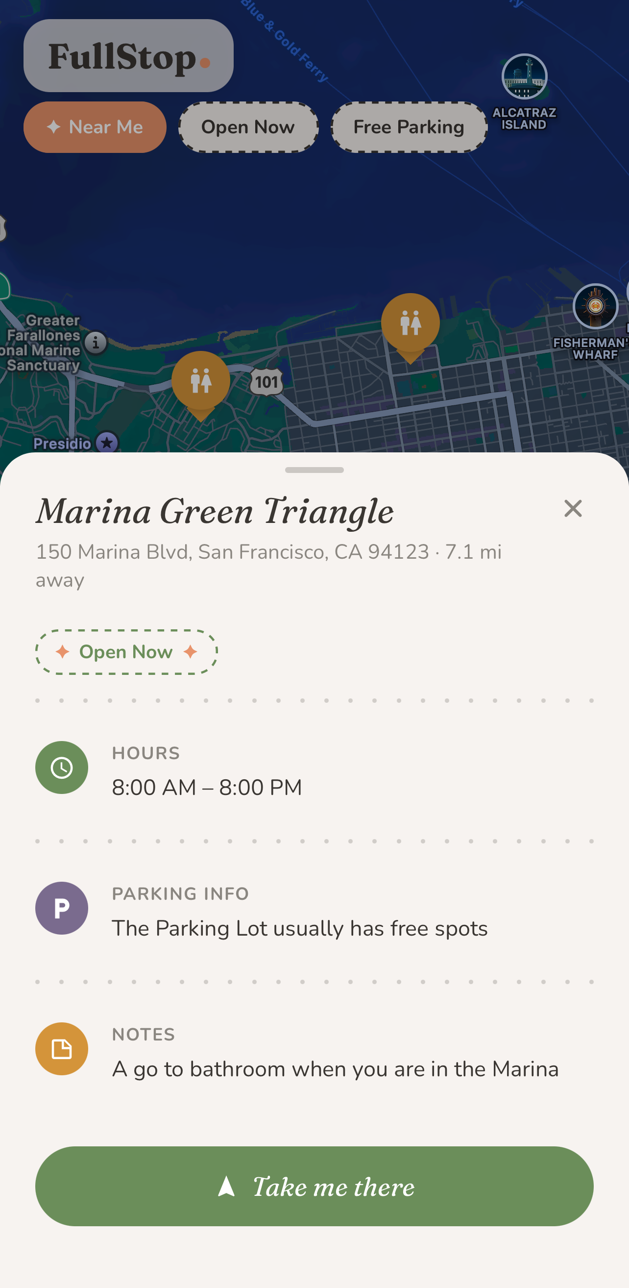 Marina Green Triangle detail — free parking lot and a personal note