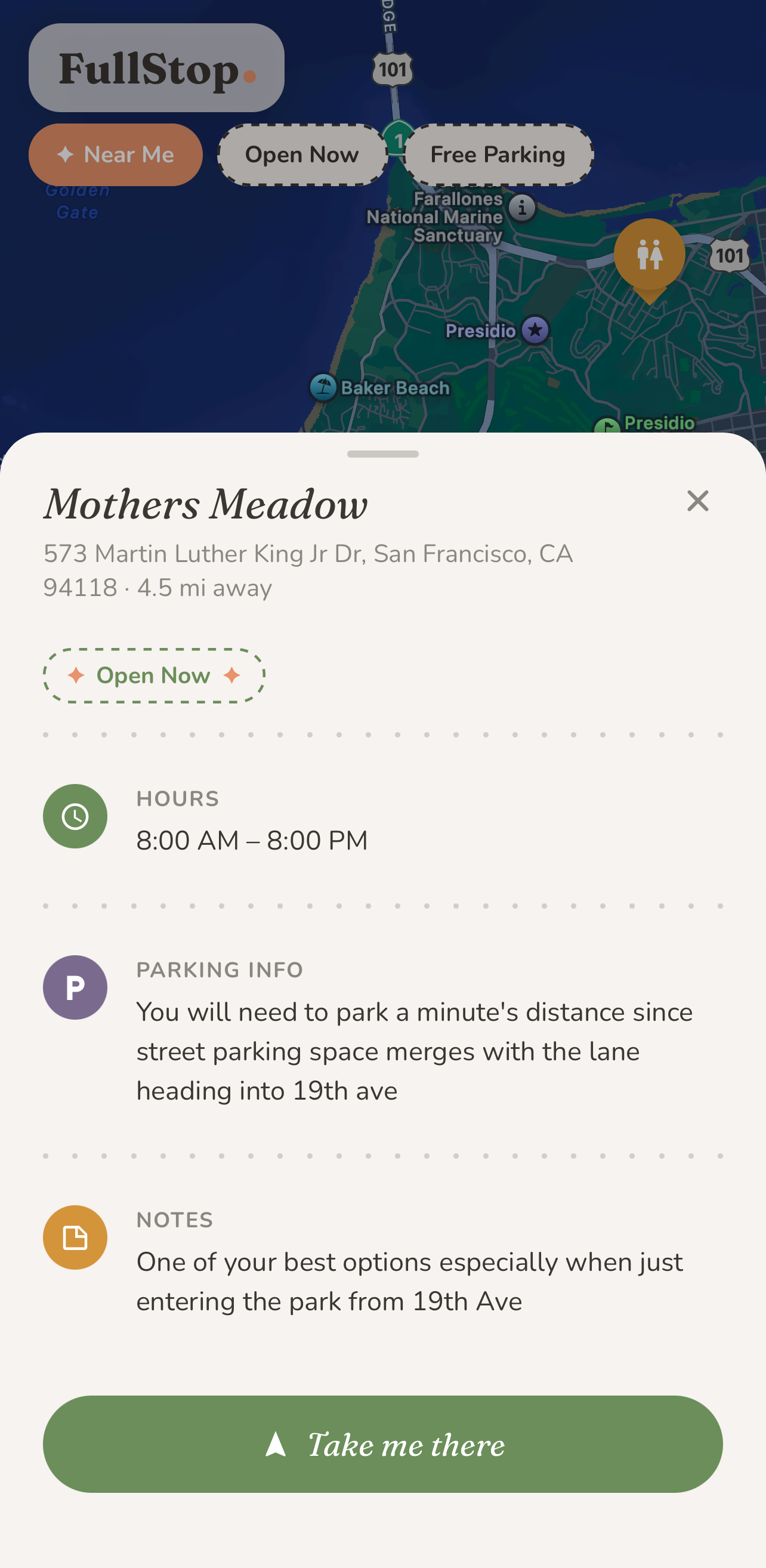 Mothers Meadow detail — hours, parking info and a personal note